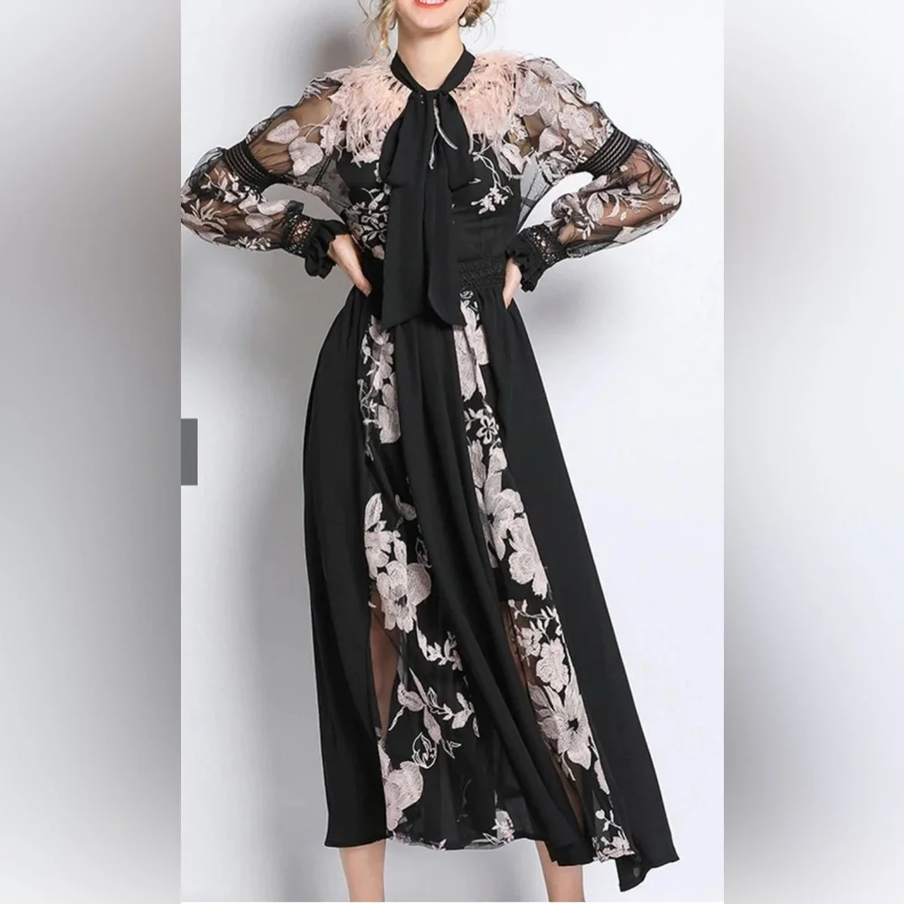 glory connection | Dresses | Hannah Feather Embroidered Chiffon Maxi Dress  Xl Runs Small Nwt | Poshmark